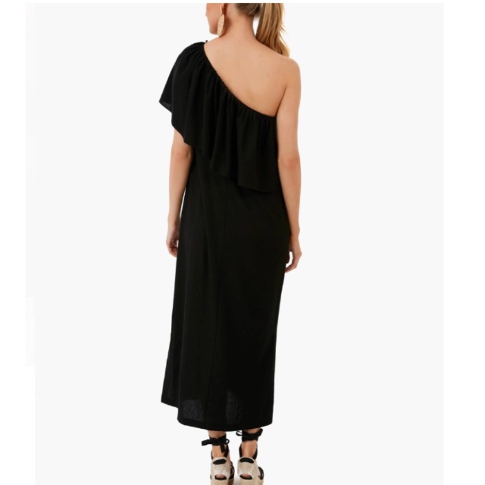 NWOT Tuckernuck Florencia black midi dress with ruffle one shoulder L - Picture 2 of 8